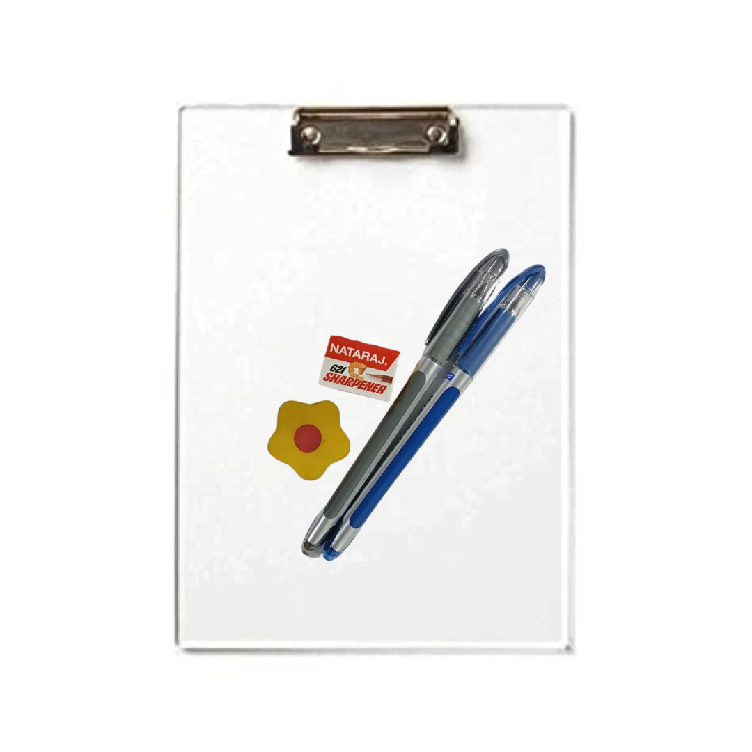 Transparent exam Board  / clip board / exam pad - Clip Board Kit - ( Eraser , sharpener , 1 Pencil , 2 Pens ) – image 1