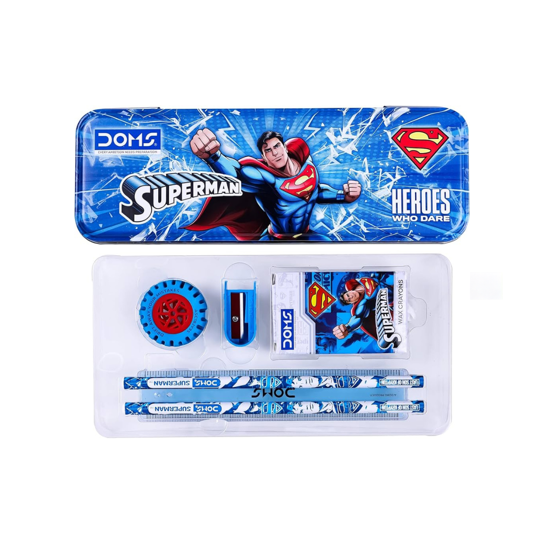 DOMS Superman Stationery Kit / ( Tin box , wax crayon , pencils , scale , eraser , sharpener ) – image 2