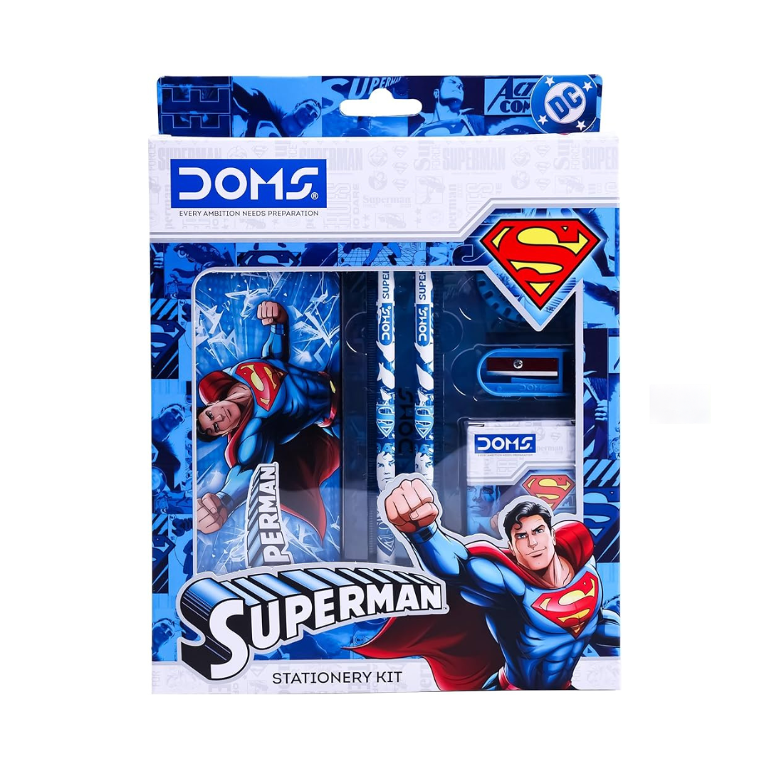 DOMS Superman Stationery Kit / ( Tin box , wax crayon , pencils , scale , eraser , sharpener )