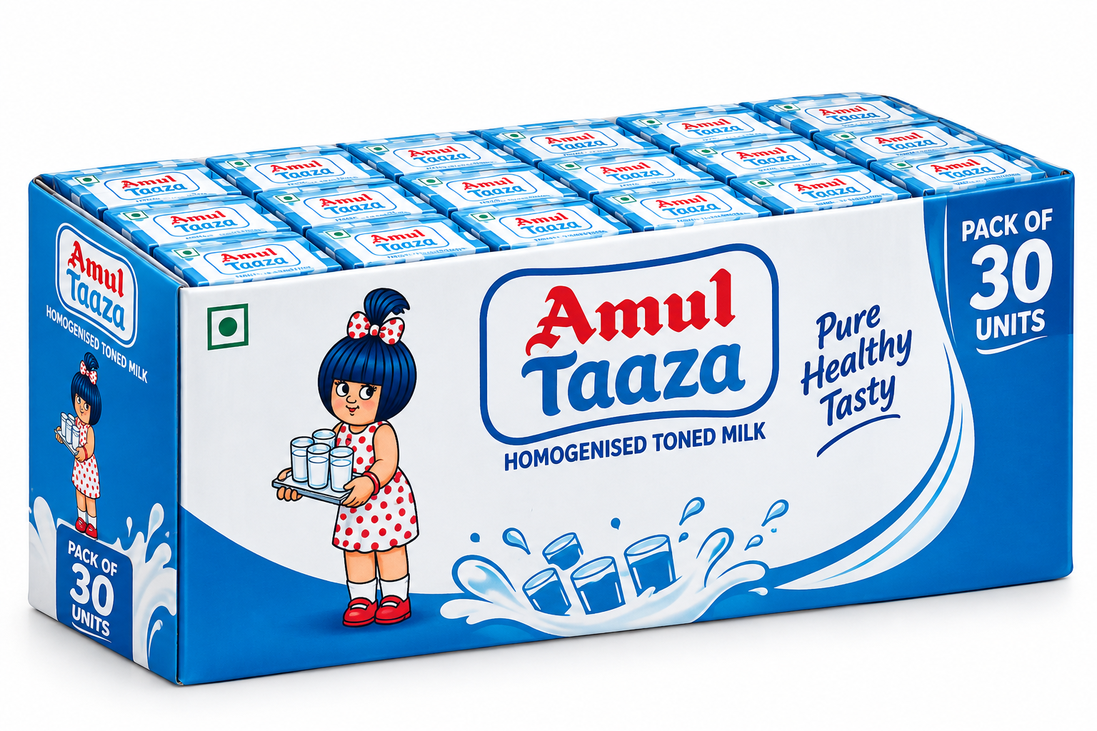 Amul Taaza Homogenised Toned Milk, 200ml (Full Crate Pack of 30 Pieces)