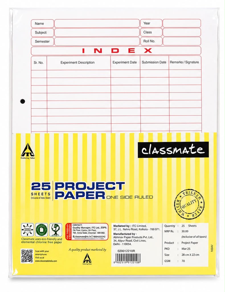 Classmate Project Paper, One Sides Ruled / One Side Plain (Assignment Sheets) 25 Sheets 