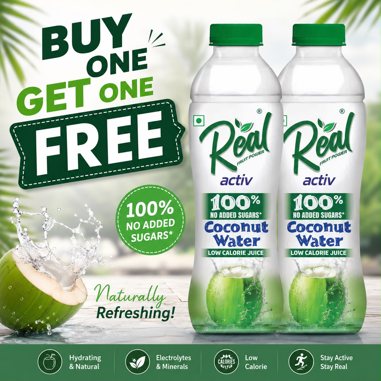 Real Activ 100% Coconut Water, 1 Liter (Buy 1 Get 1 Free)