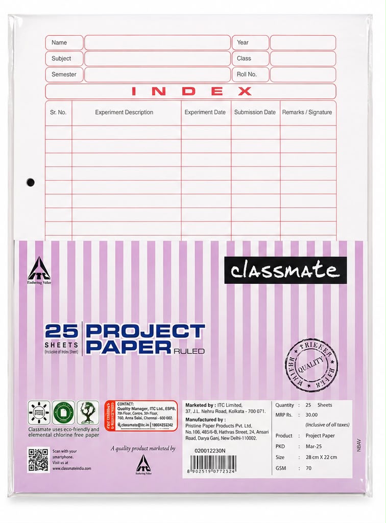 Classmate Project Paper, Both Sides Ruled (Assignment Sheets) 25 Sheets 